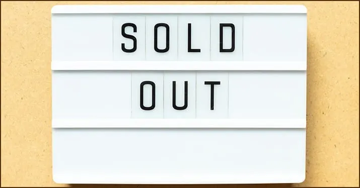 Sold out sign on a white background, representing event or product sale completion, popular in retail, ecommerce, and marketi