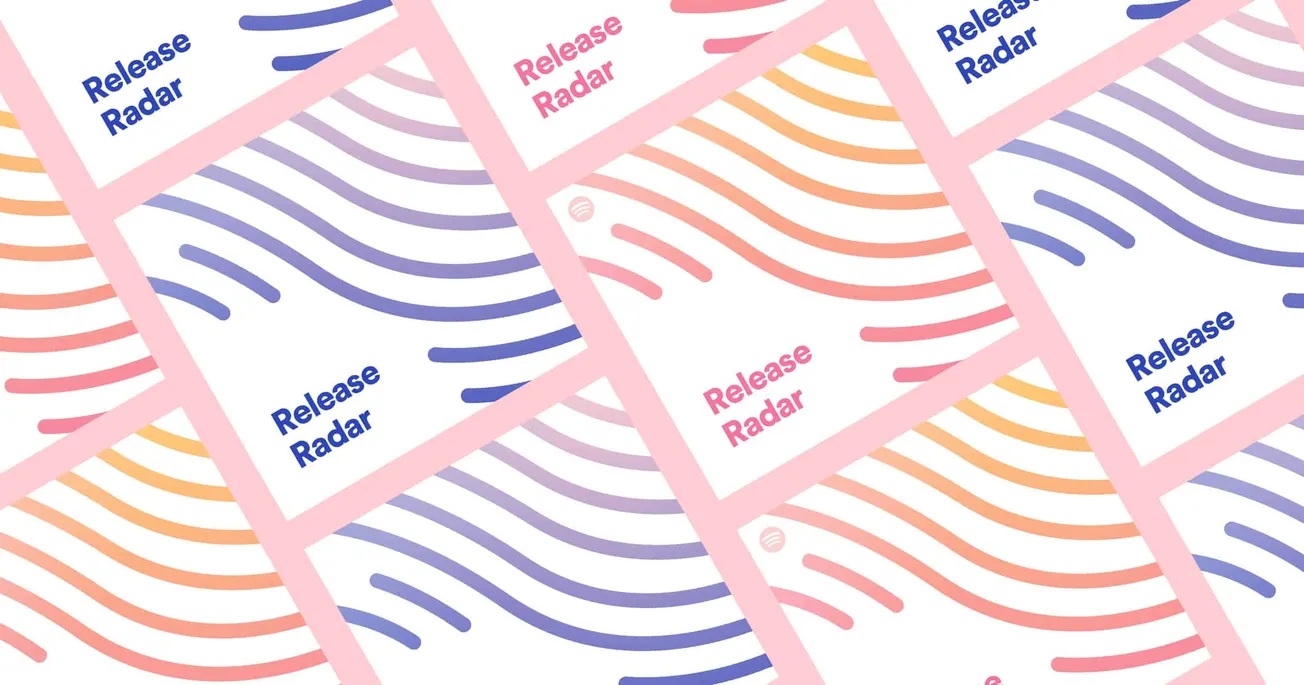 "Release Radar promotional graphic featuring colorful abstract wave patterns in pink, purple, and orange with text overlay.".