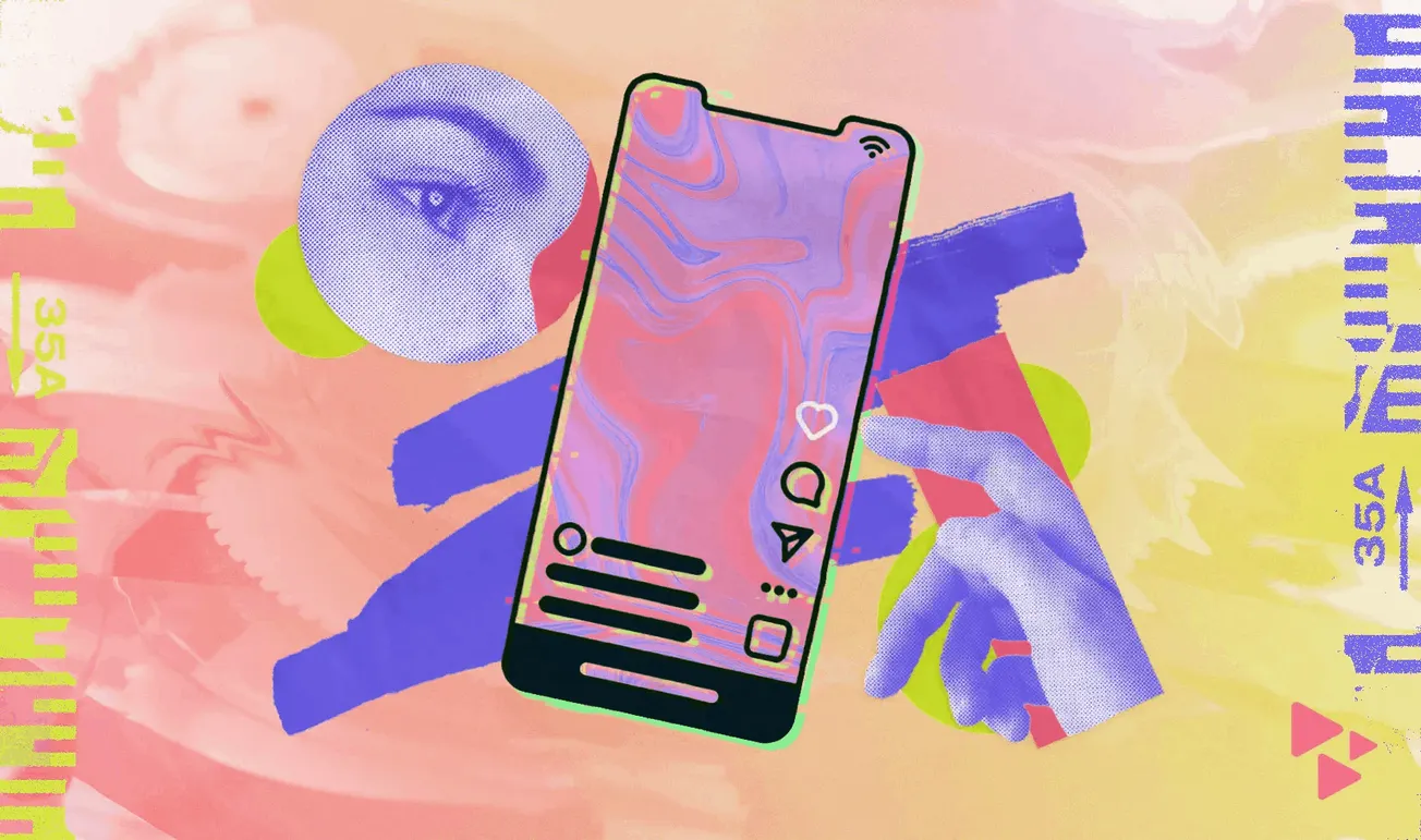 A colorful digital collage featuring a smartphone with social media icons, abstract shapes, and eye-catching visuals, emphasi