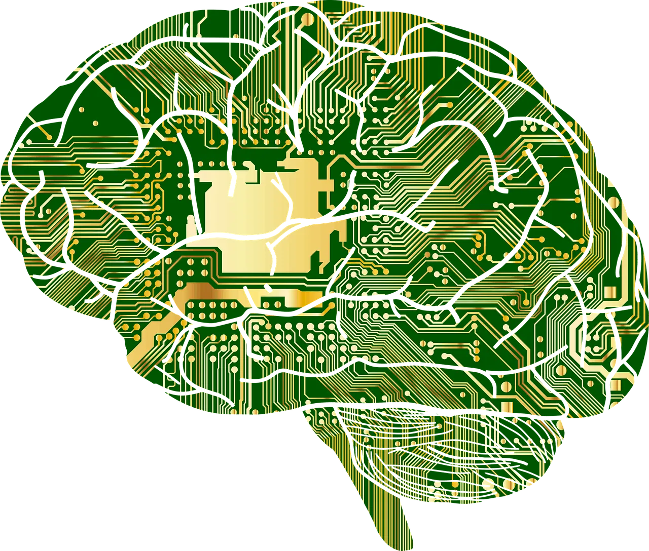 Circuit board brain with electronic pathways representing AI and technology in music industry.