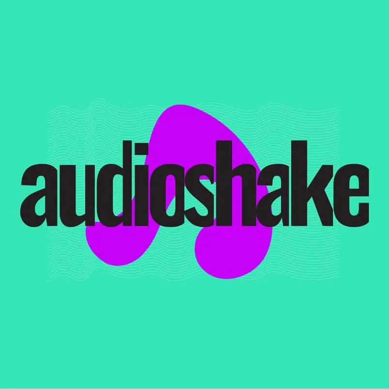 Audioshake logo with purple abstract shapes on teal background, digital music and audio branding concept, modern graphic desi
