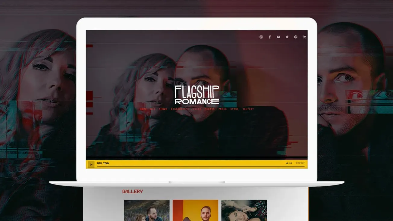 Vibrant digital music website interface showcasing a modern, glitch-art style with artists and album visuals, emphasizing mus