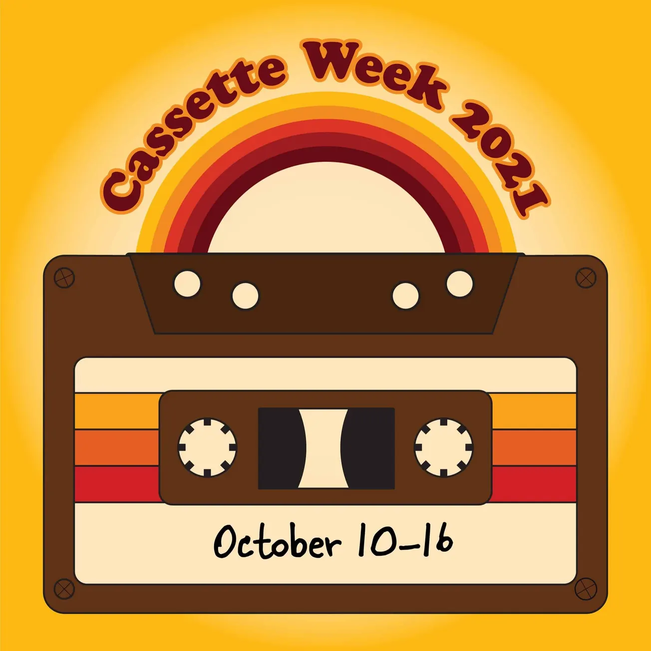 Cassette week 2021 banner with retro tape and rainbow design, celebrating Cassette Week from October 10-16, 2021, emphasizing