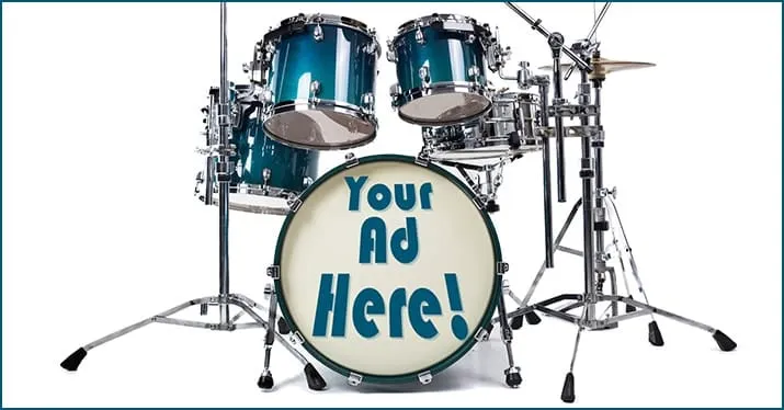 Dynamic drum set with customized "Your Ad Here" on bass drum for music marketing and advertising promotion opportunities. Per