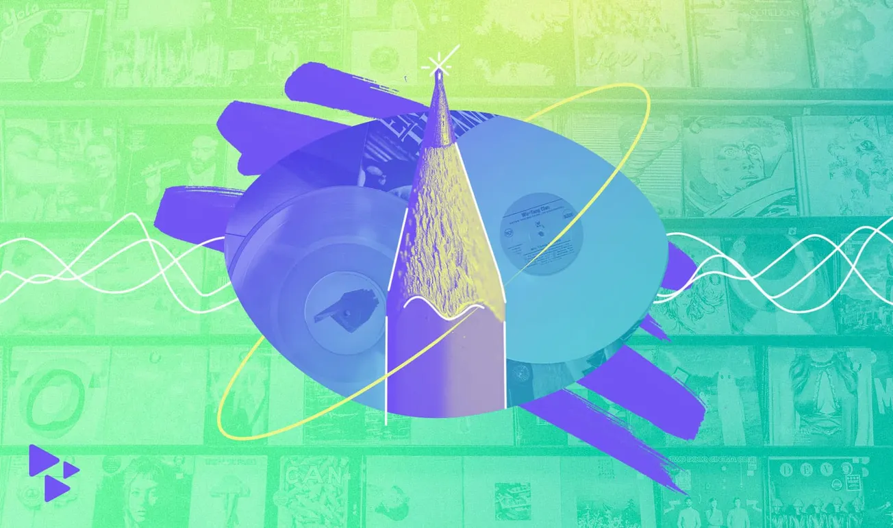 Viral music records and turntables layered with colorful digital graphics, representing music industry innovation and streami