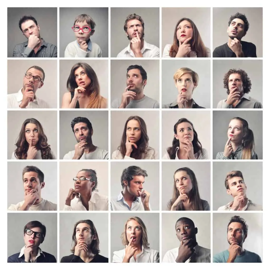 Thoughtful diverse individuals with pensive expressions, representing curiosity and contemplation for creative brainstorming,