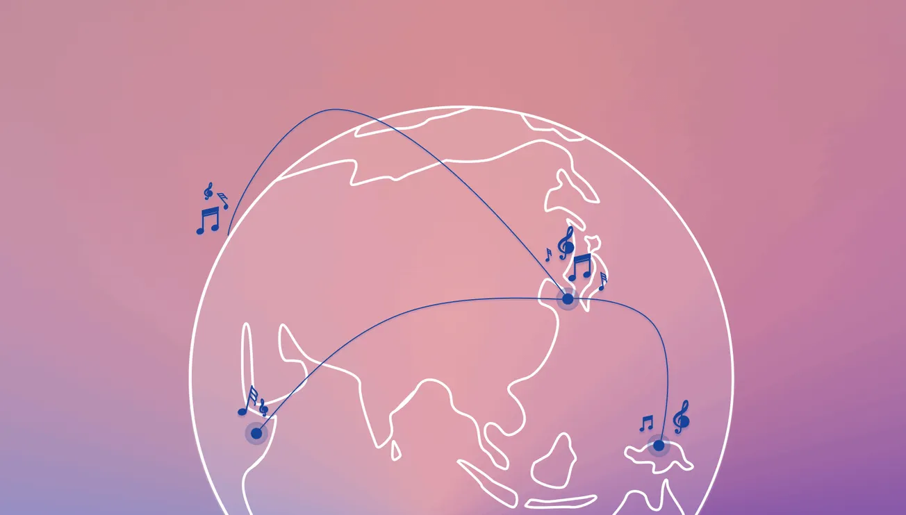 Global music streaming and distribution network illustration with musical notes connecting different regions of the world for
