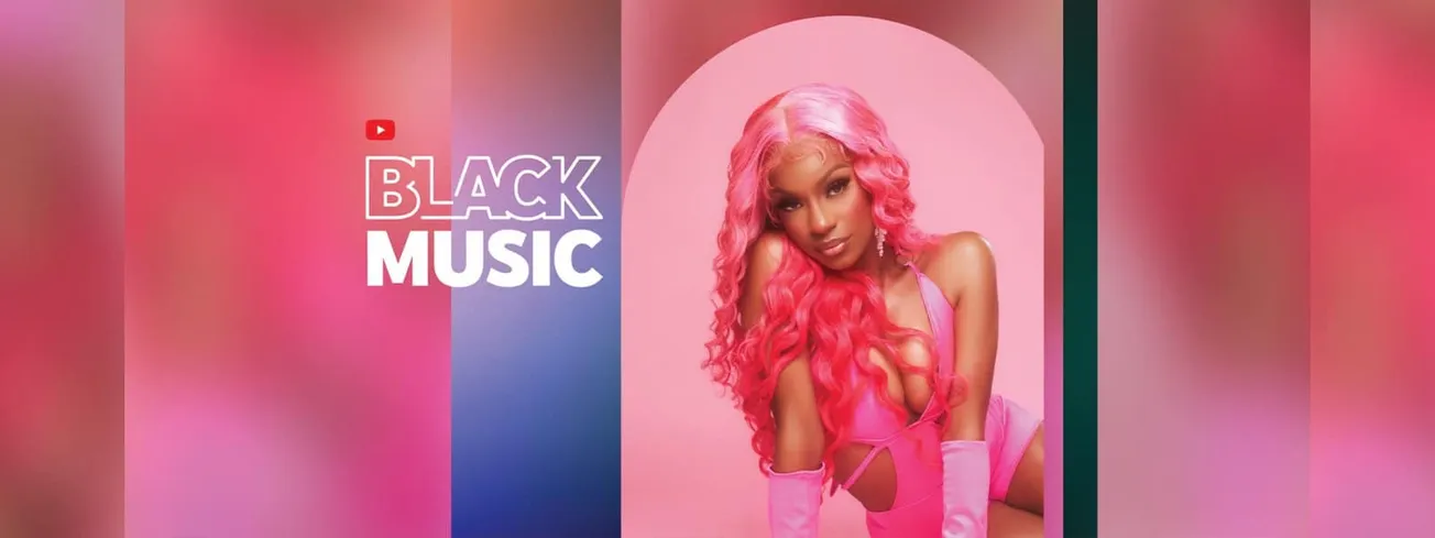 Vibrant digital art featuring a woman with bright pink curly hair and bold fashion, promoting black music and culture with co