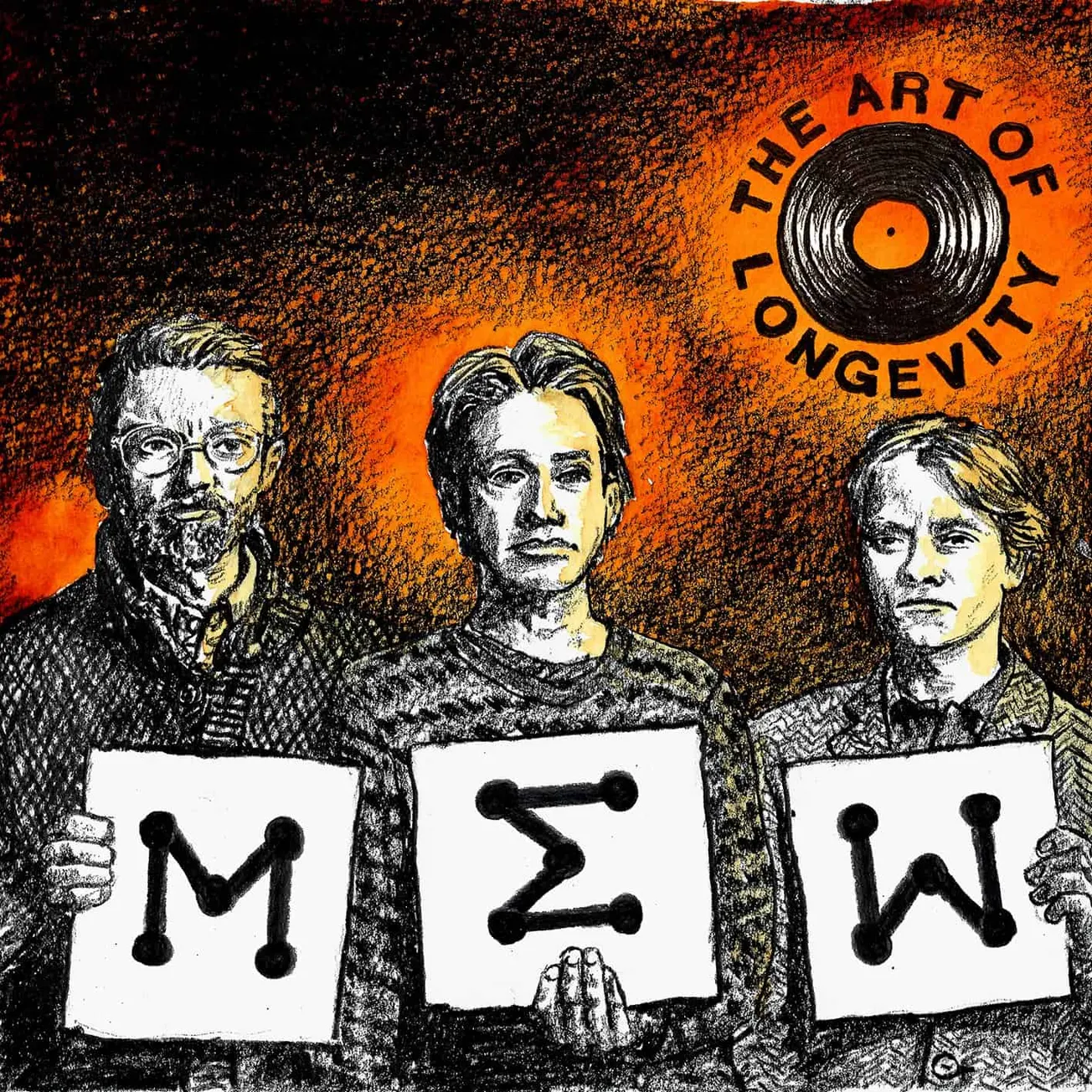 Data science and music industry concepts illustrated with three individuals holding signs featuring mathematical symbols, emp