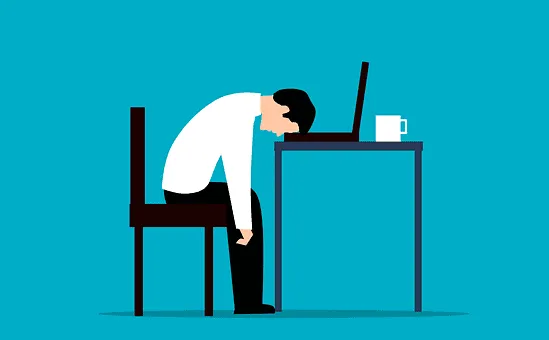 Faded businessman slumped over desk with coffee mug, symbolizing fatigue or burnout, representing workplace stress or exhaust