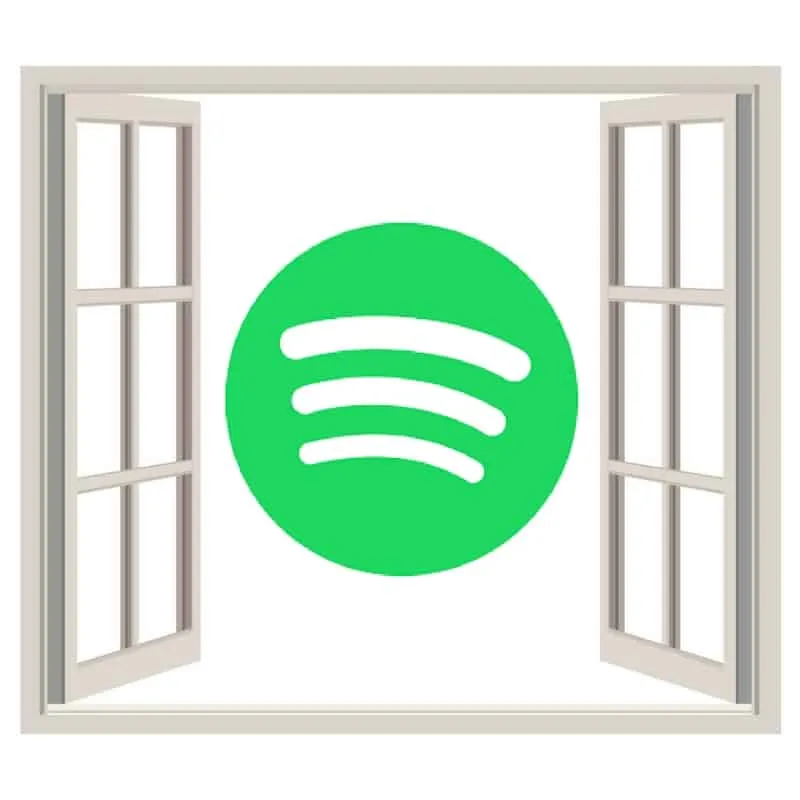 Spotify logo displayed through an open window, representing music streaming, digital music platforms, online entertainment, a