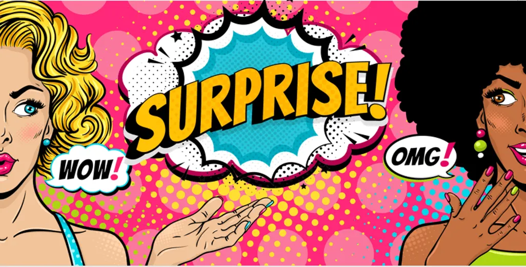 Surprise comic book women pop art, vibrant background, wow and omg speech bubbles, expressive faces, trendy nostalgic design,