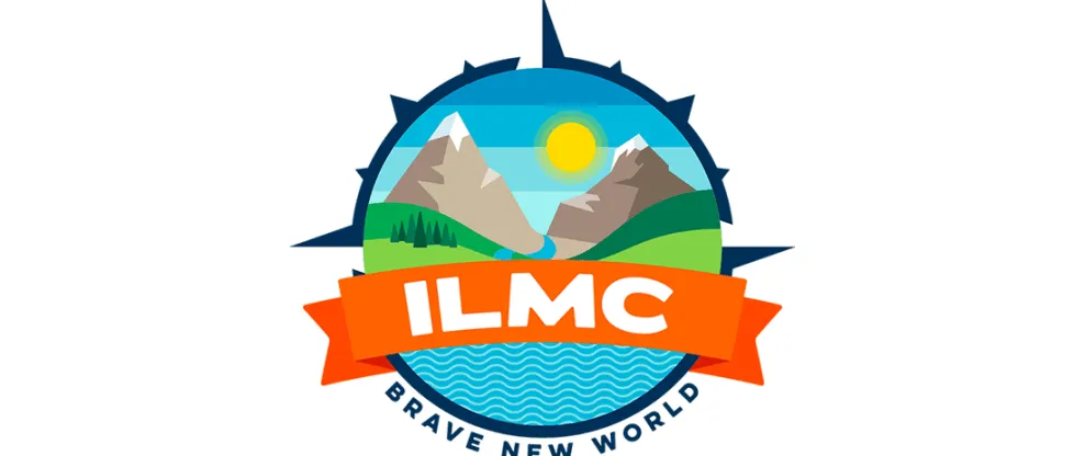 Sunrise over mountains with a bright yellow sun, trees, and water, featuring the ILMC logo and slogan "Brave New World," repr