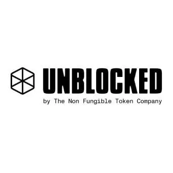 UNBLOCKED logo by The Non Fungible Token Company, featuring a black geometric hexagon icon and bold text, representing NFT an