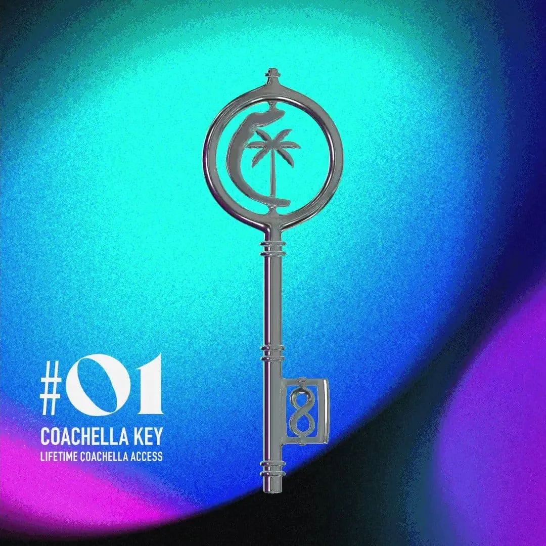 Metal key with coachella logo and palm tree symbol against colorful background.