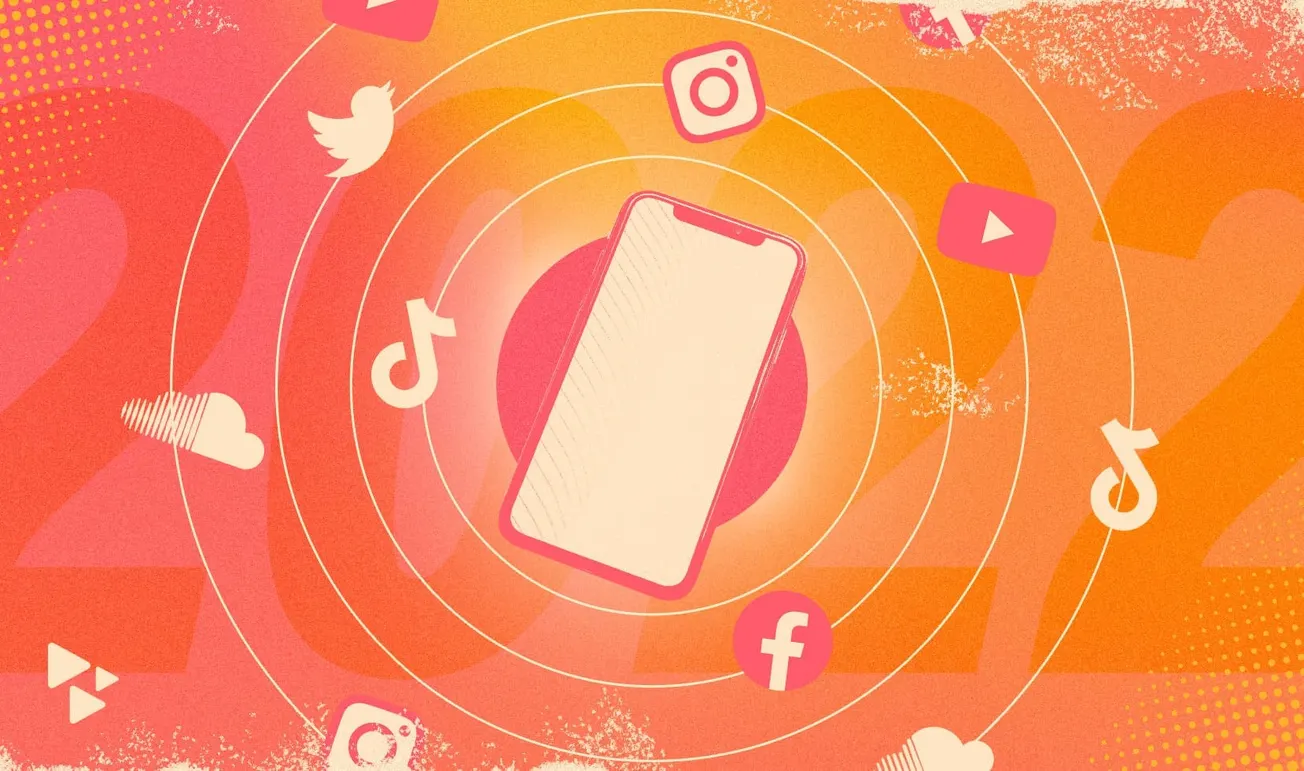 Smartphone surrounded by social media icons including TikTok, Facebook, Instagram, Twitter, YouTube, and music apps, depictin