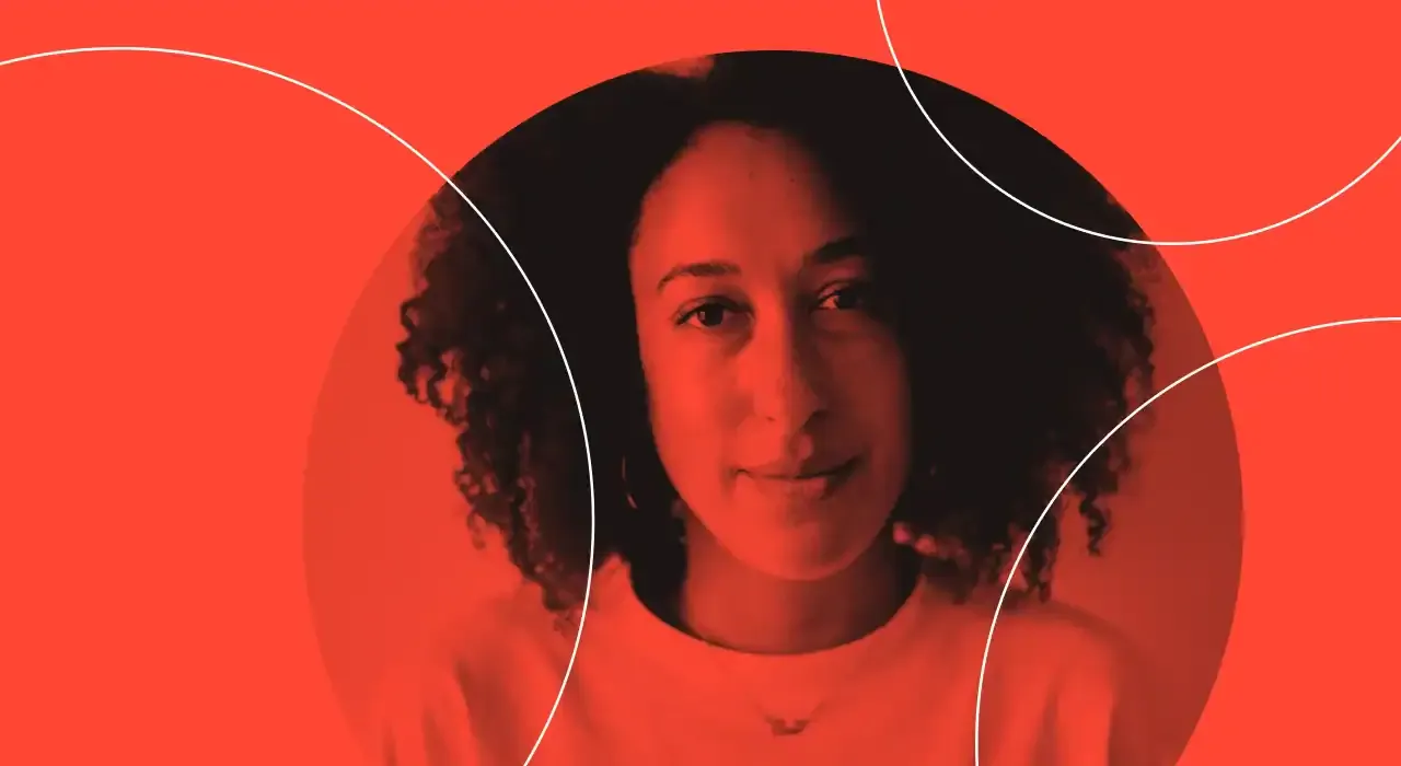 Vibrant red background with a smiling woman portrait for Hypebot, emphasizing music industry, digital media, and influencer m