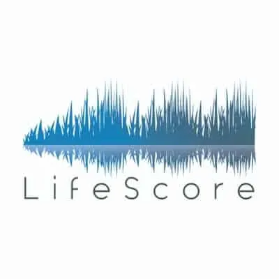 Dynamic blue audio waveform graphic representing music analytics and streaming data for the Lifescore platform.