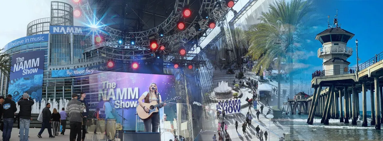 NAMM Show music conference at Anaheim Convention Center with live performance, large digital screens, and audience, showcasin
