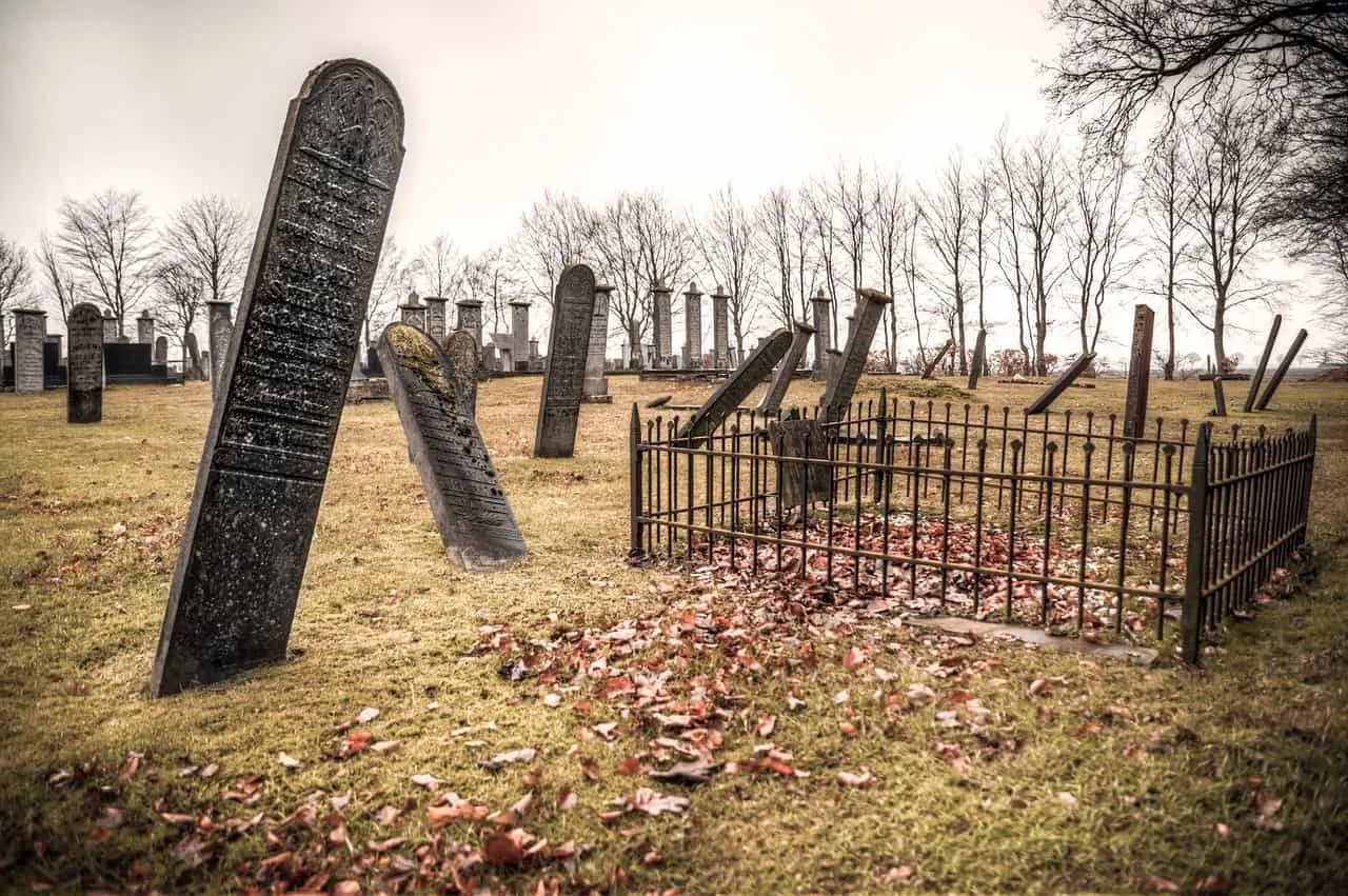 Weathered gravestones in an abandoned cemetery showing decay and neglect in a bleak, leafless landscape during late autumn or