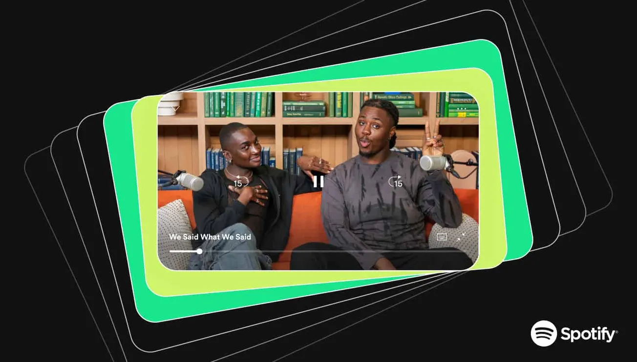 People recording podcast episode titled "We Said What We Said" in a cozy studio setting with microphones and bookshelves in t