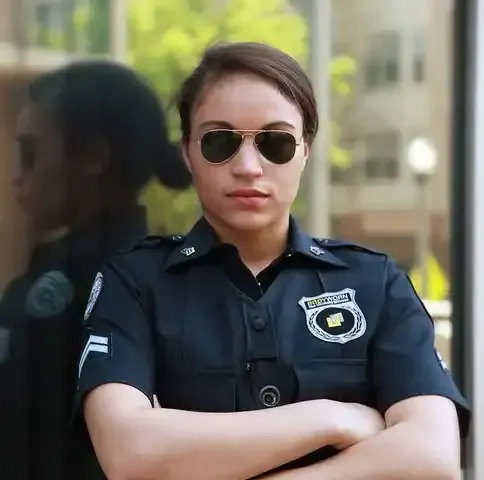 Security officer wearing sunglasses with crossed arms in front of glass window, demonstrating confidence and authority in law