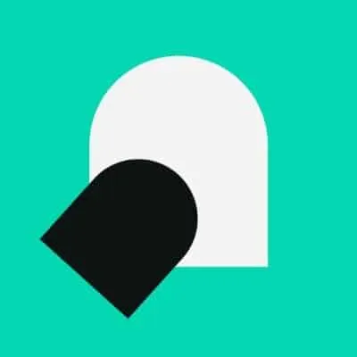 Modern music industry branding graphic with bold black and white geometric shapes on a vibrant teal background, representing