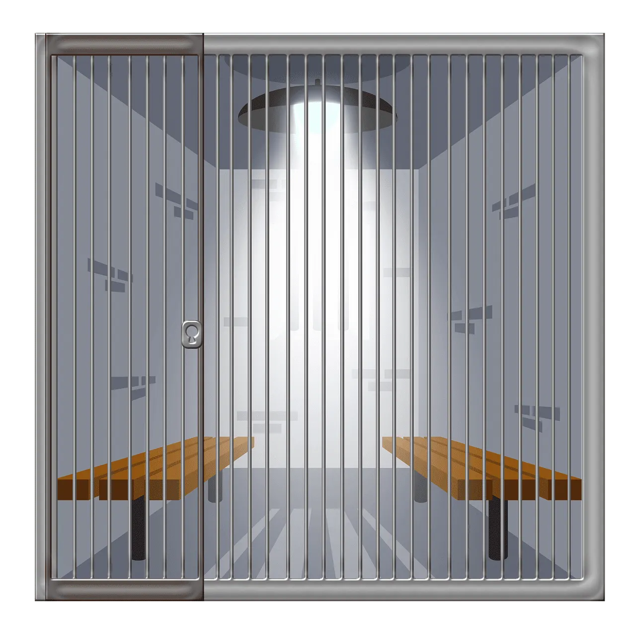 Metal jail cell with sliding door and wooden benches in an empty detention room, realistic illustration for crime or incarcer
