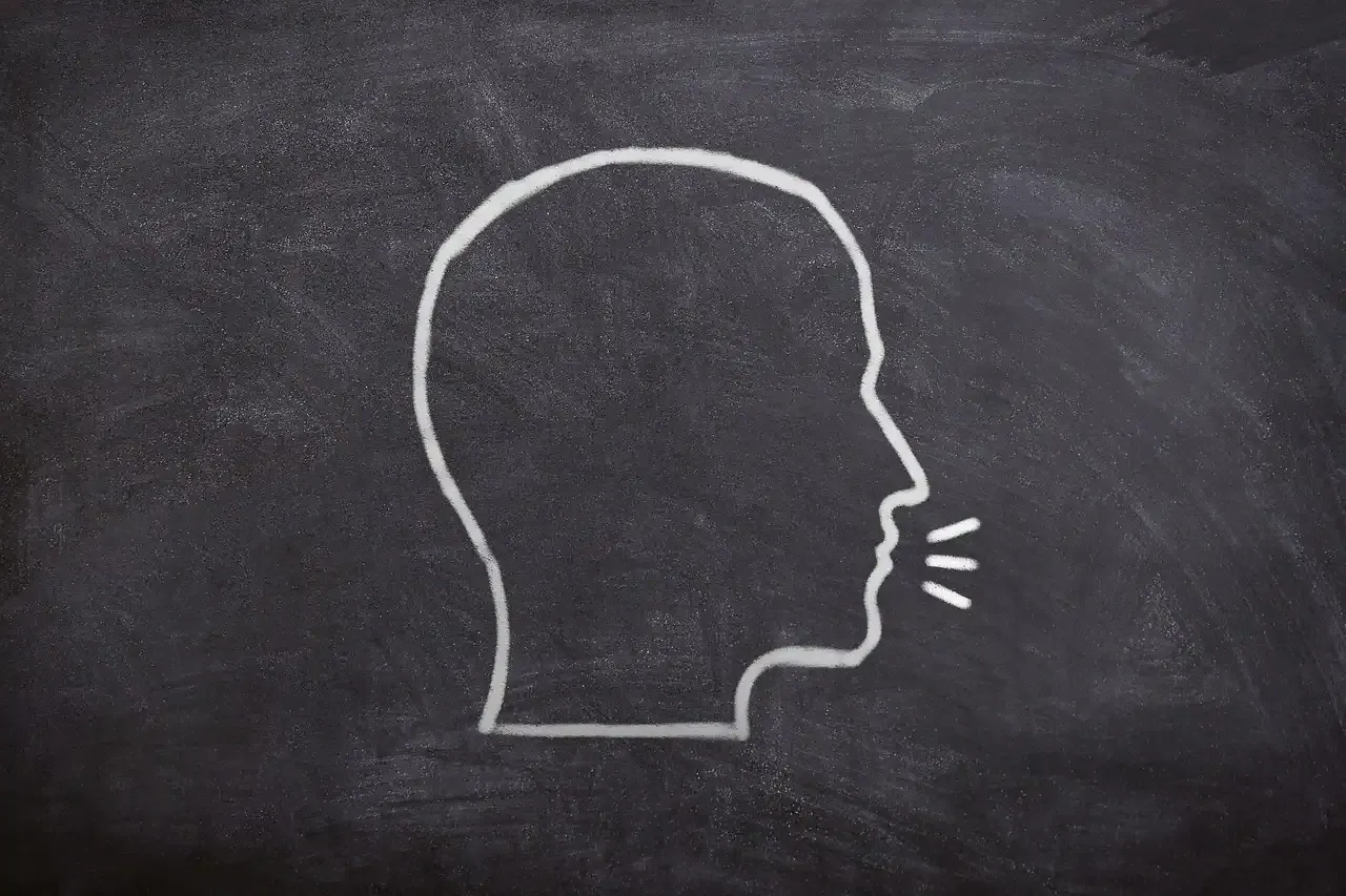 Silhouette of a person's head drawn with white chalk on a blackboard, with lines indicating speaking or communication.