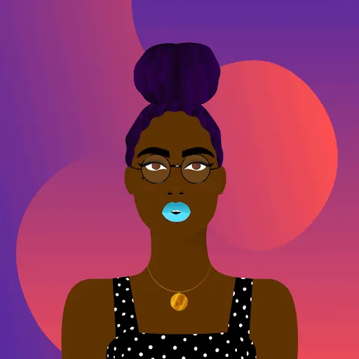 Bold woman with purple hair bun, wearing glasses and polka dot dress, against vibrant purple and pink background, emphasizing