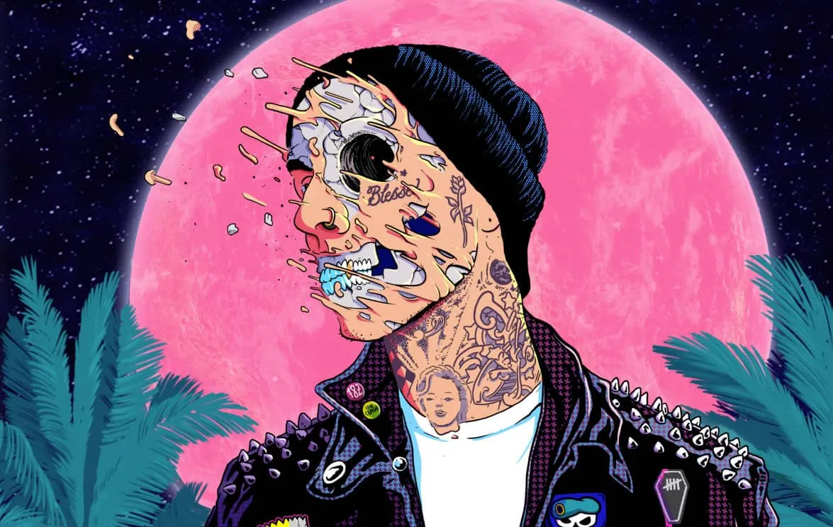 A digitally illustrated portrait of a man with tattoos and a beanie, with a surreal, melting face design against a pink moon