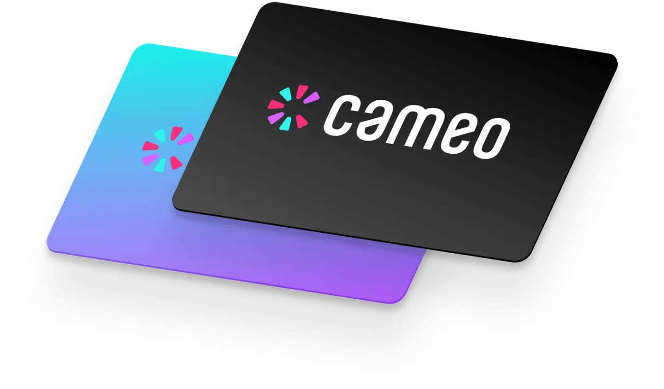 Cameo logo displayed on two overlapping digital cards with colorful, modern design elements, representing branding, digital n