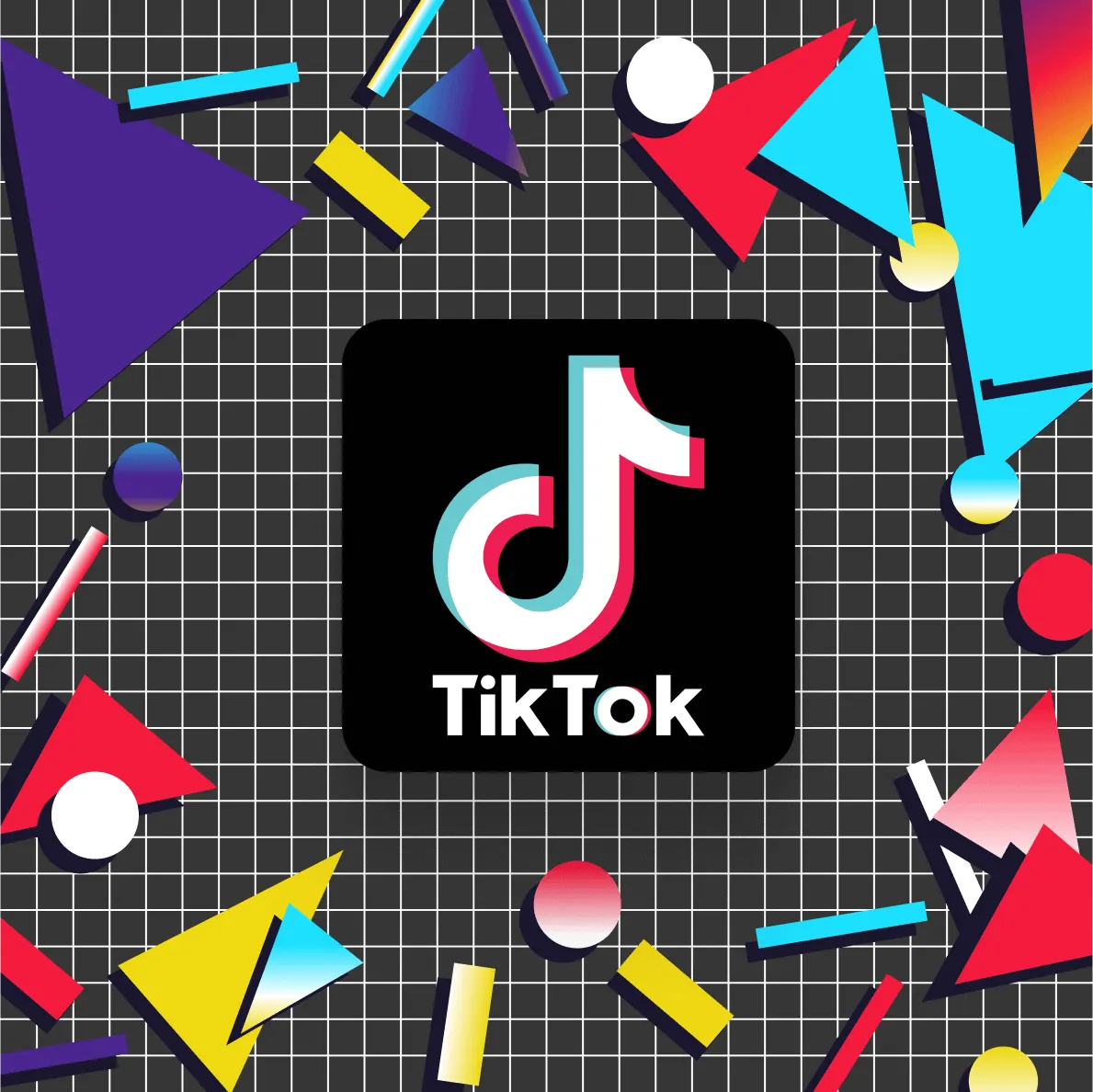 TikTok logo surrounded by colorful geometric shapes on a grid background, representing social media, digital marketing, conte