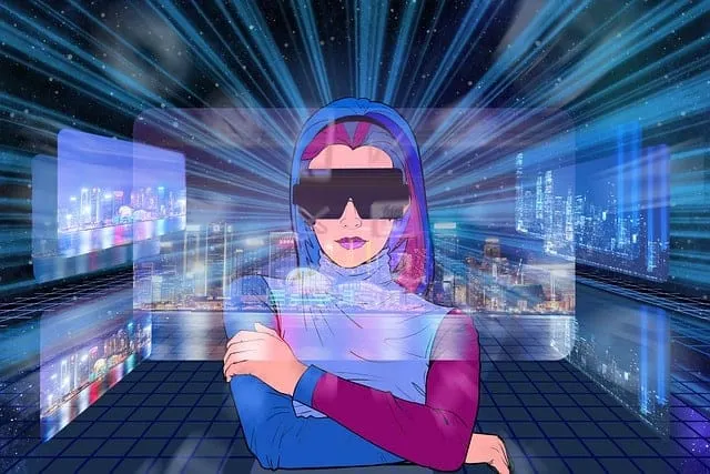 AR virtual reality new music technology, futuristic digital artist with glasses in digital cityscape, innovative media trends