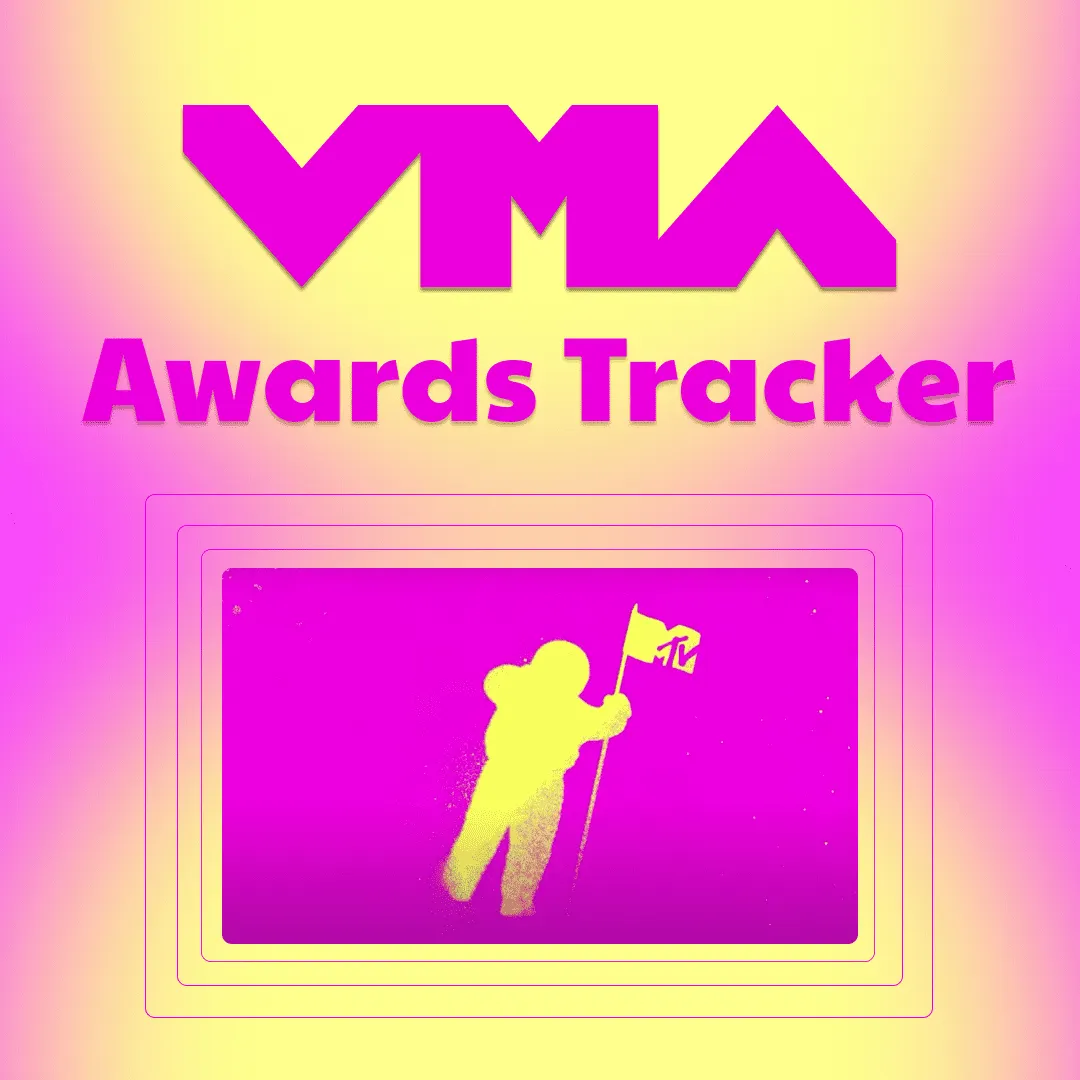 VMA Awards Tracker digital graphic with bright pink and yellow color scheme, featuring MTV logo and a stylized astronaut hold
