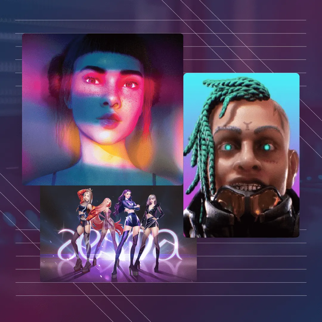 AI-generated digital art featuring futuristic and cyberpunk themes, including a female portrait with vibrant neon lighting, a