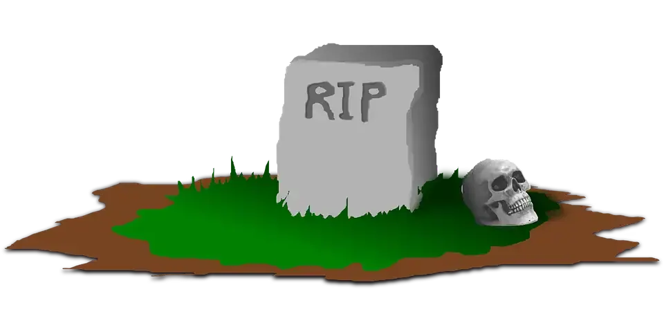 A gray tombstone with "RIP" inscribed, surrounded by a skull and a small green grave marker on dark earth, symbolizing death