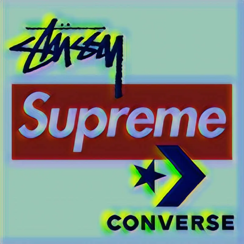 Stüssy, Supreme, Converse logos combined in a vibrant graphic design highlighting popular streetwear brands. Perfect for fash