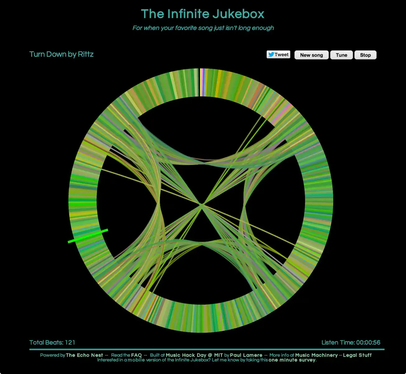 Vibrant colorful circular music visualization from The Infinite Jukebox by Hypebot, showcasing innovative musical technology