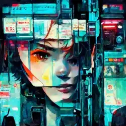 Futuristic digital art portrait featuring a woman with a cyberpunk cityscape background, emphasizing technology, AI, and cybe