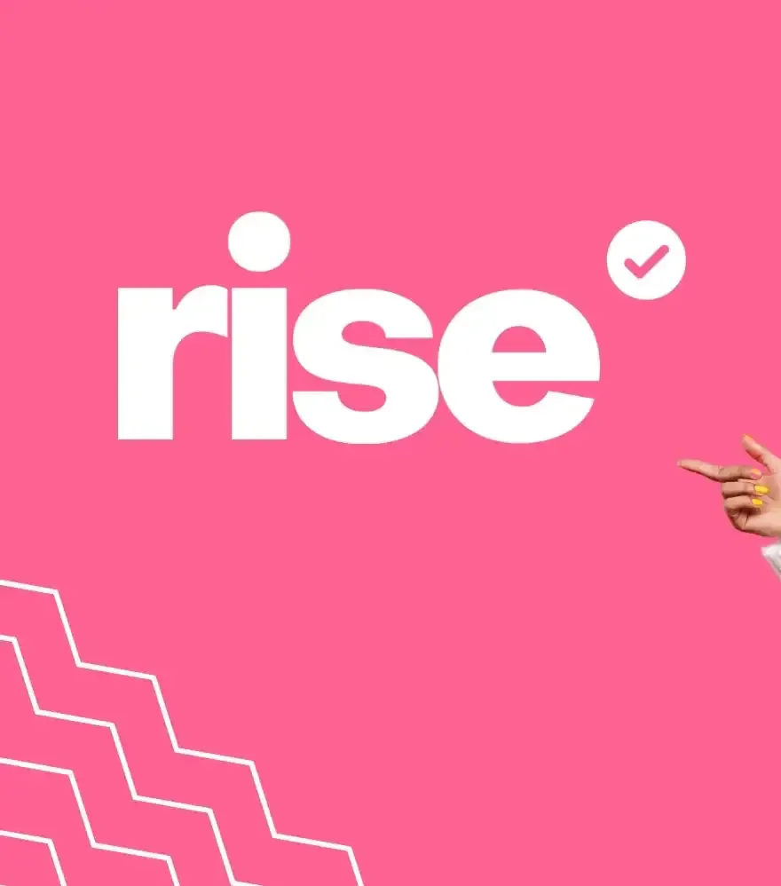 Rise symbol with checkmark against pink background, representing growth and success in the music industry.