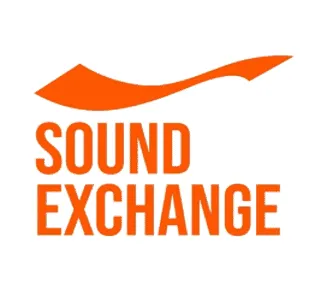 Sound Exchange logo with orange wave design and bold text for music licensing and royalty services.