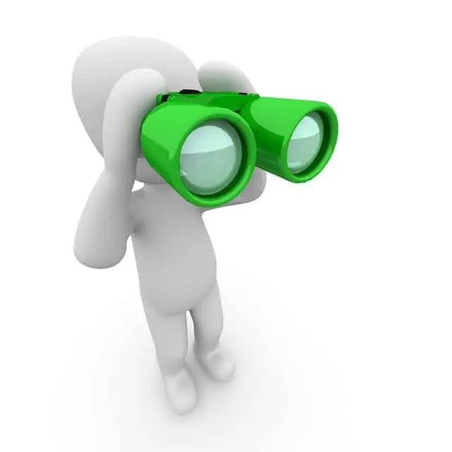 Binoculars, cartoon figure using green binoculars for observation or Search, 3D character exploring or analyzing, abstract hu