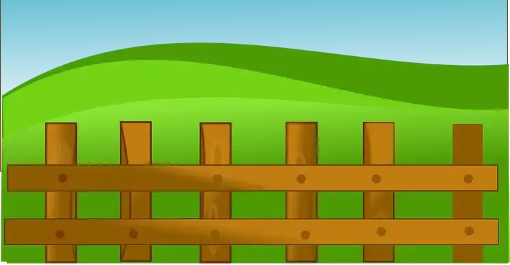 Fenced wooden gate on grassy hill with blue sky, cartoon style, outdoor scene, rural landscape, countryside.