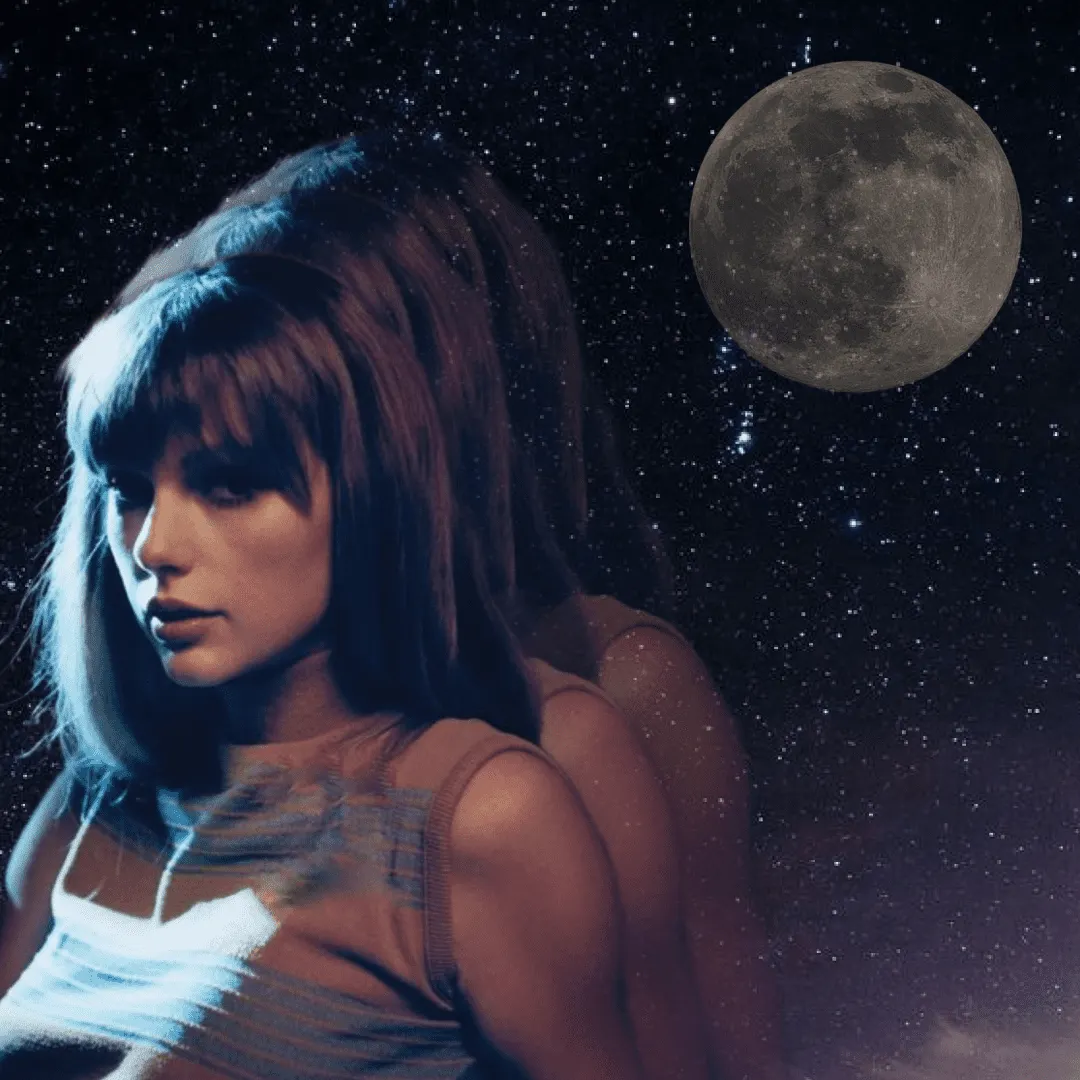 Moonlit night with a starry sky and a young woman with dark hair in the foreground, space background, artistic mood, digital