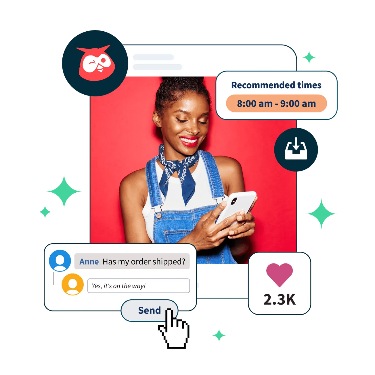 Order status update, customer service interaction on mobile, digital shopping, social media engagement, online purchase confi