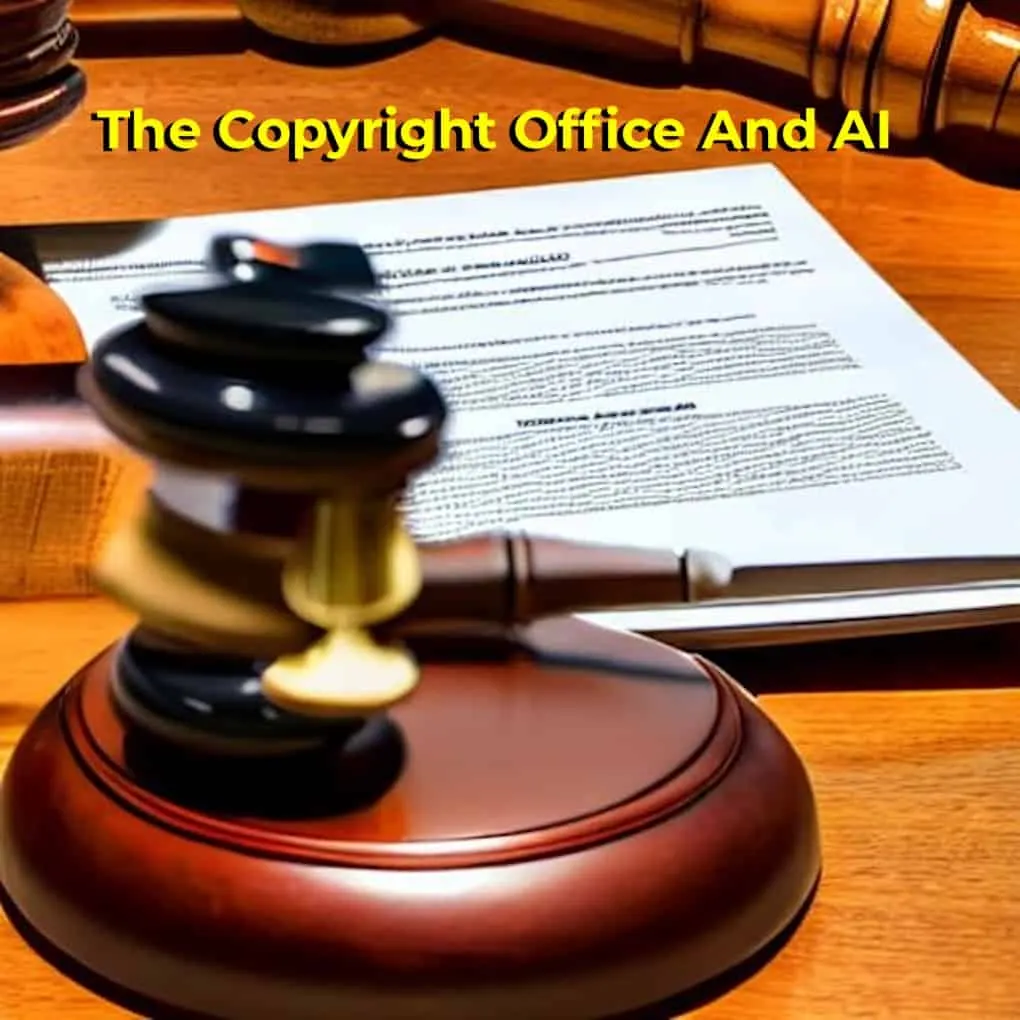 Law gavel and legal documents representing copyright law and AI legislation at a courtroom or legal setting for intellectual