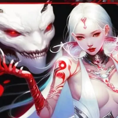 Vibrant digital artwork of a fantasy-themed female character with neon tattoos and futuristic attire, alongside a mysterious