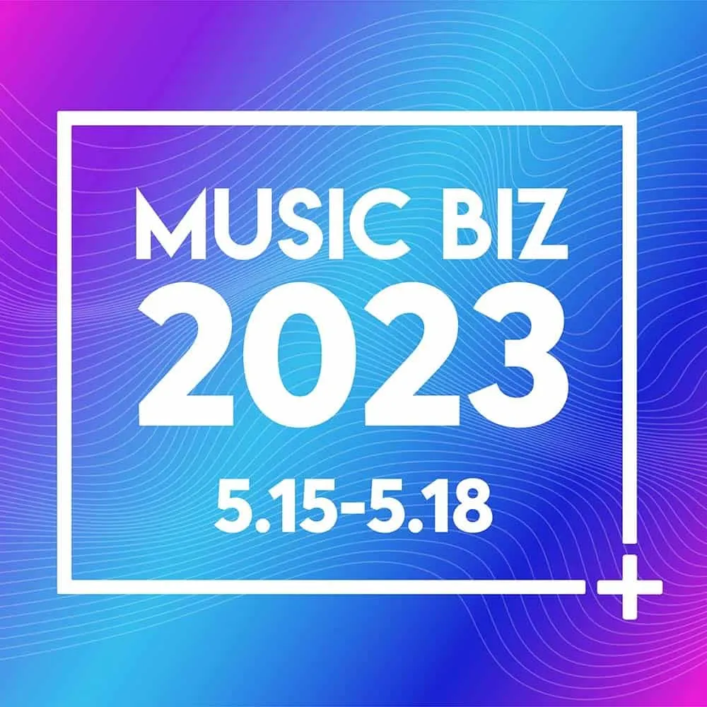 Vibrant digital graphic promoting Music Biz 2023 conference, highlighting dates May 15-18 with a colorful background, modern