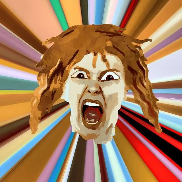 Angry woman with wild hair screaming, vibrant background of multicolored rays, digital art, expressive emotional face, energe